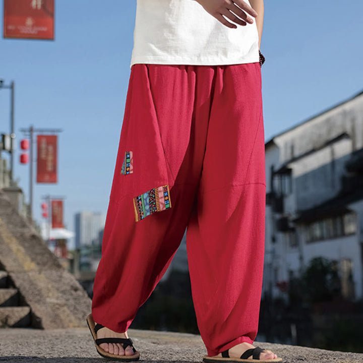 Pantaloni da uomo in cotone con coulisse, gamba larga, tasche, motivo patchwork semplice Buddha Stones