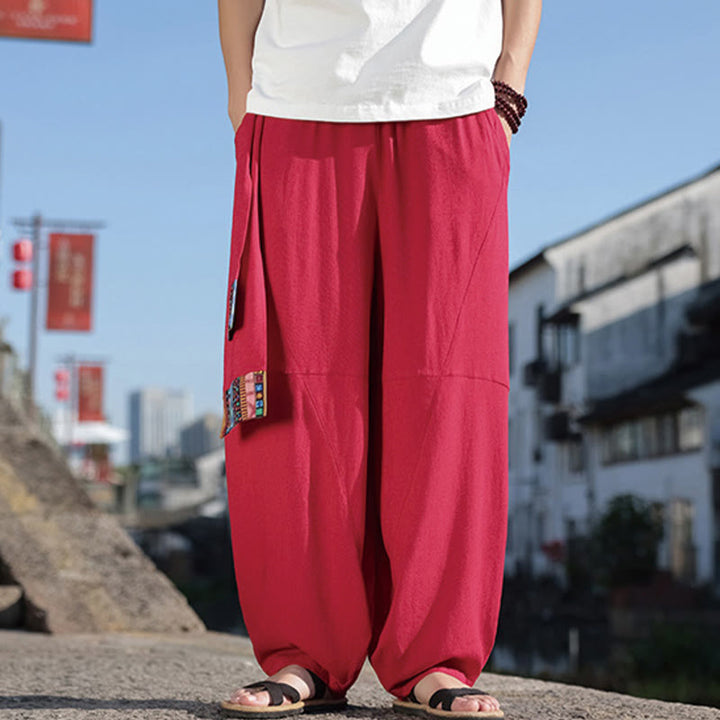 Pantaloni da uomo in cotone con coulisse, gamba larga, tasche, motivo patchwork semplice Buddha Stones