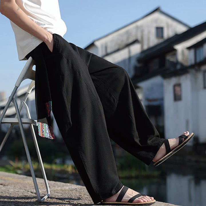 Pantaloni da uomo in cotone con coulisse, gamba larga, tasche, motivo patchwork semplice Buddha Stones