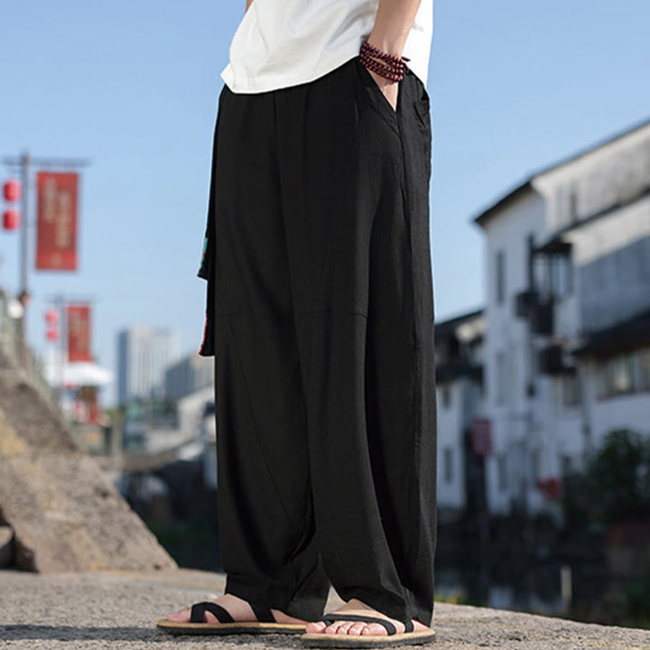 Pantaloni da uomo in cotone con coulisse, gamba larga, tasche, motivo patchwork semplice Buddha Stones
