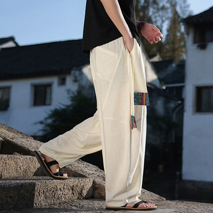 Pantaloni da uomo in cotone con coulisse, gamba larga, tasche, motivo patchwork semplice Buddha Stones