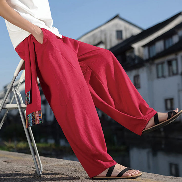 Pantaloni da uomo in cotone con coulisse, gamba larga, tasche, motivo patchwork semplice Buddha Stones