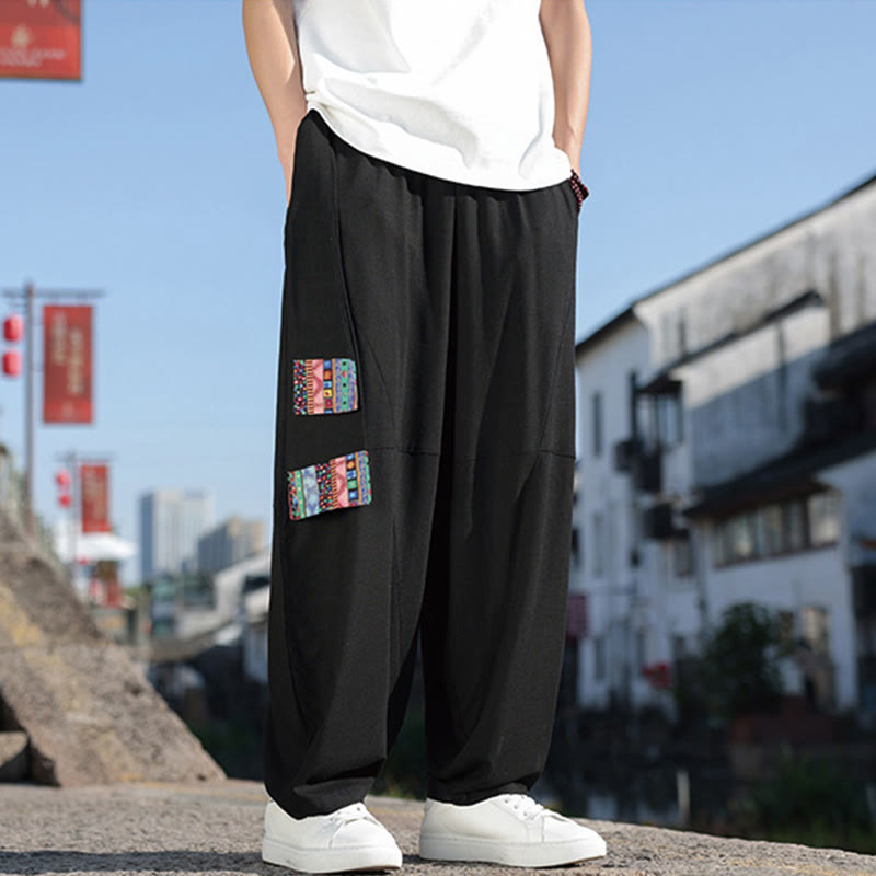Pantaloni da uomo in cotone con coulisse, gamba larga, tasche, motivo patchwork semplice Buddha Stones