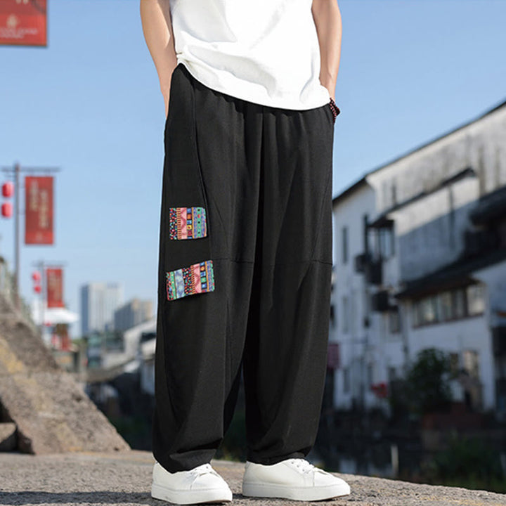 Pantaloni da uomo in cotone con coulisse, gamba larga, tasche, motivo patchwork semplice Buddha Stones