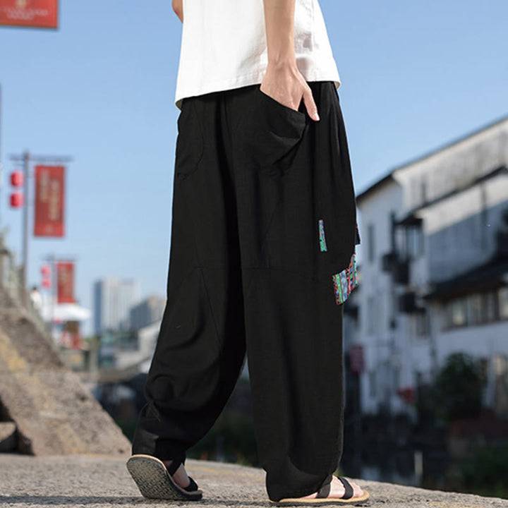 Pantaloni da uomo in cotone con coulisse, gamba larga, tasche, motivo patchwork semplice Buddha Stones