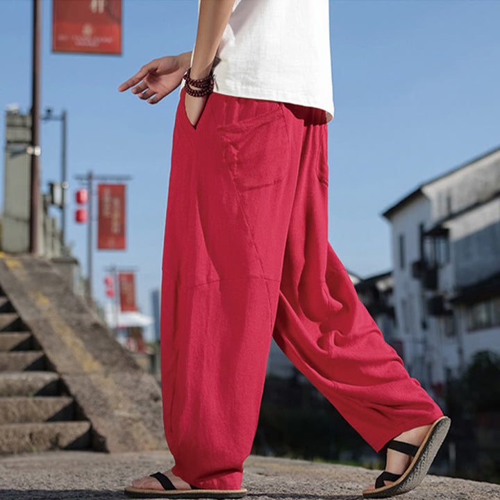 Pantaloni da uomo in cotone con coulisse, gamba larga, tasche, motivo patchwork semplice Buddha Stones