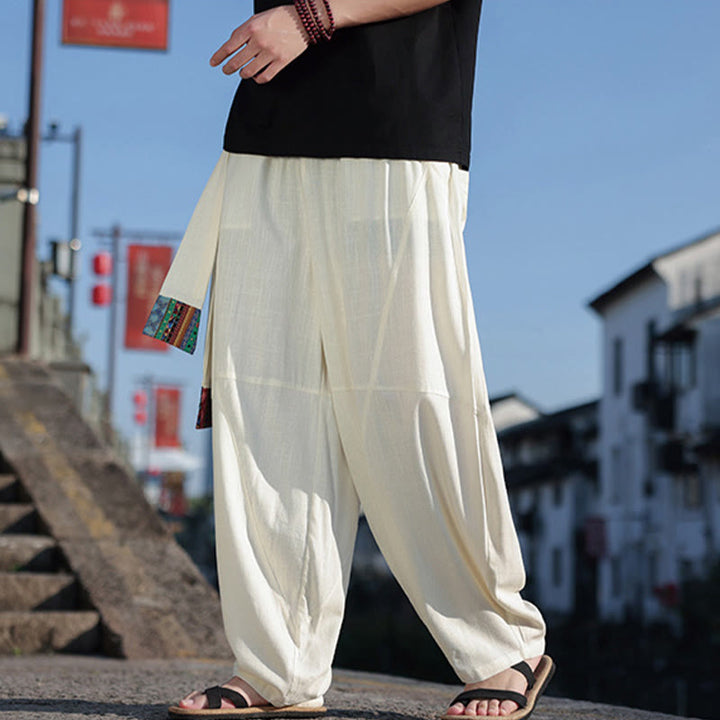 Pantaloni da uomo in cotone con coulisse, gamba larga, tasche, motivo patchwork semplice Buddha Stones