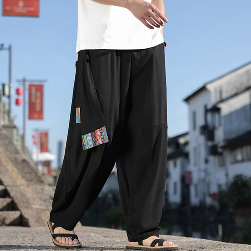 Pantaloni da uomo in cotone con coulisse, gamba larga, tasche, motivo patchwork semplice Buddha Stones - image 8