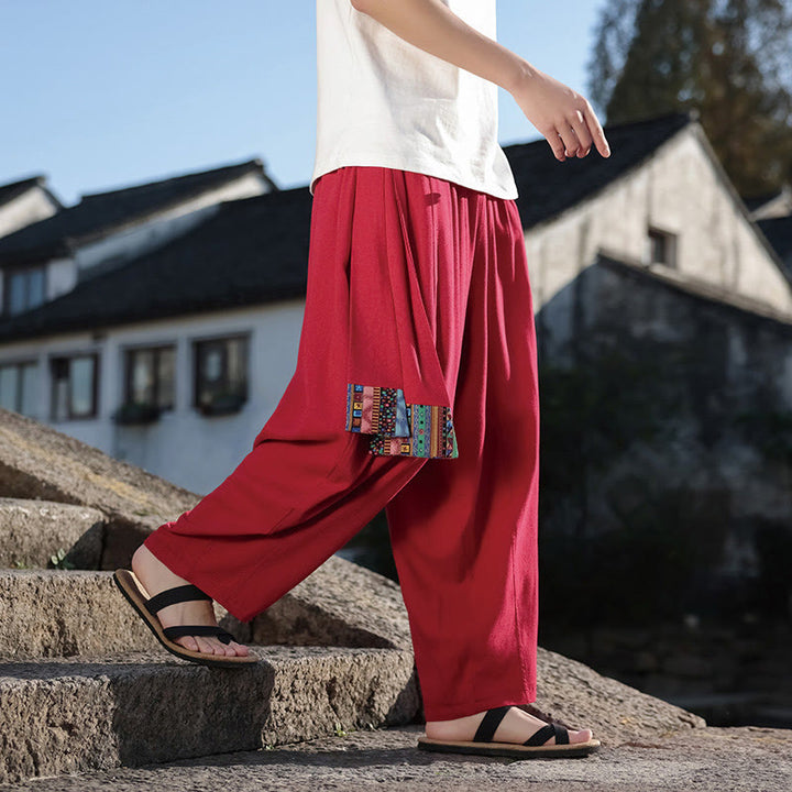 Pantaloni da uomo in cotone con coulisse, gamba larga, tasche, motivo patchwork semplice Buddha Stones