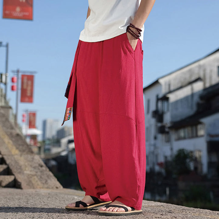 Pantaloni da uomo in cotone con coulisse, gamba larga, tasche, motivo patchwork semplice Buddha Stones