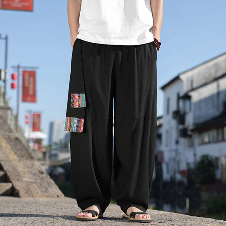 Pantaloni da uomo in cotone con coulisse, gamba larga, tasche, motivo patchwork semplice Buddha Stones