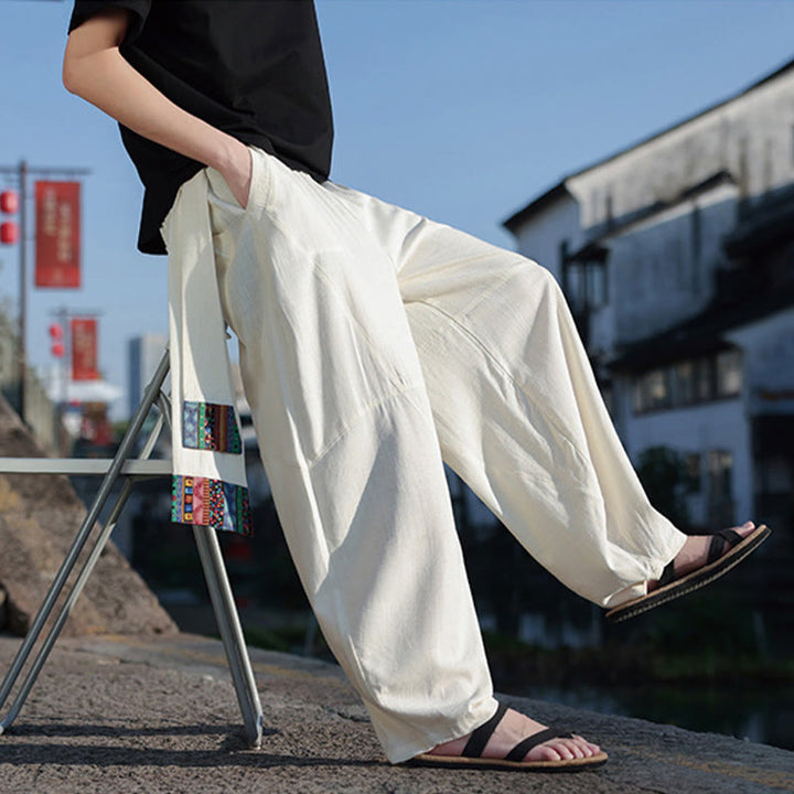 Pantaloni da uomo in cotone con coulisse, gamba larga, tasche, motivo patchwork semplice Buddha Stones