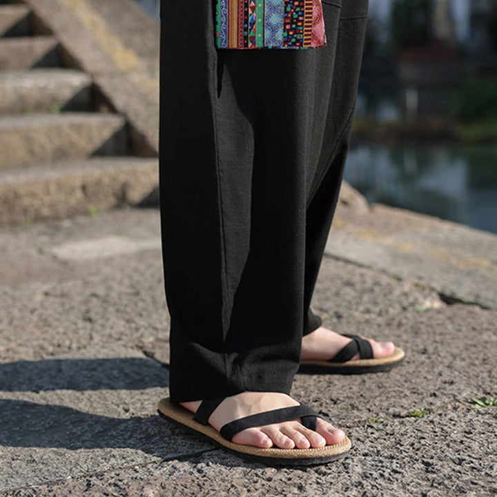 Pantaloni da uomo in cotone con coulisse, gamba larga, tasche, motivo patchwork semplice Buddha Stones
