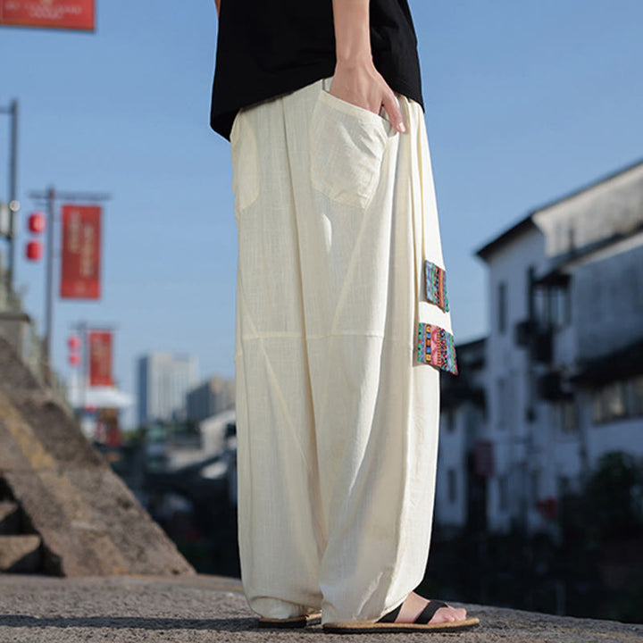 Pantaloni da uomo in cotone con coulisse, gamba larga, tasche, motivo patchwork semplice Buddha Stones