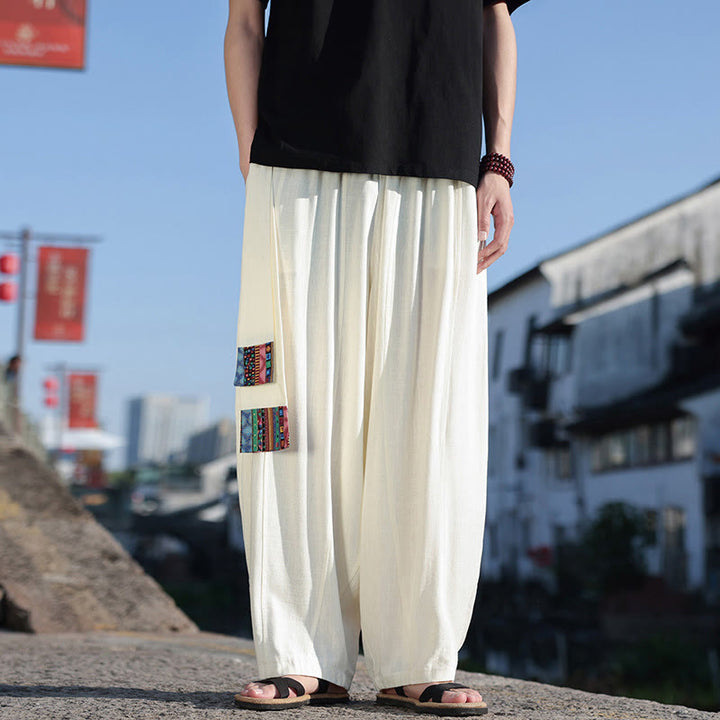 Pantaloni da uomo in cotone con coulisse, gamba larga, tasche, motivo patchwork semplice Buddha Stones