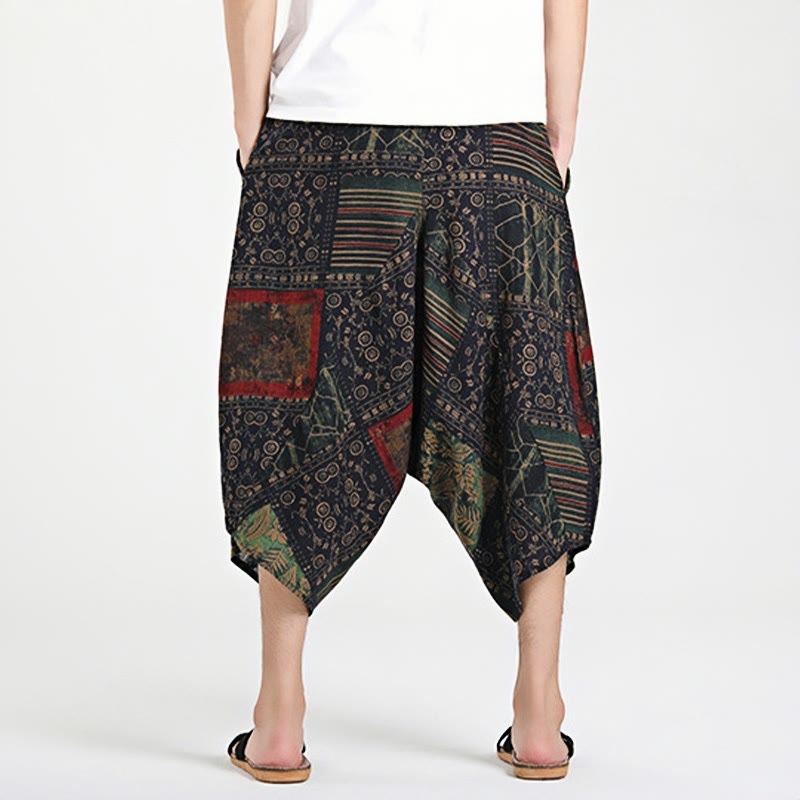 Pantaloni harem da uomo in cotone con tasche e coulisse, motivo etnico Buddha Stones, lunghezza 7-8