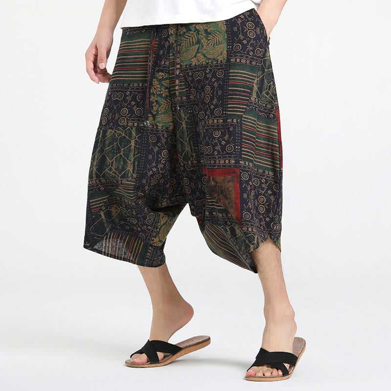 Pantaloni harem da uomo in cotone con tasche e coulisse, motivo etnico Buddha Stones, lunghezza 7-8