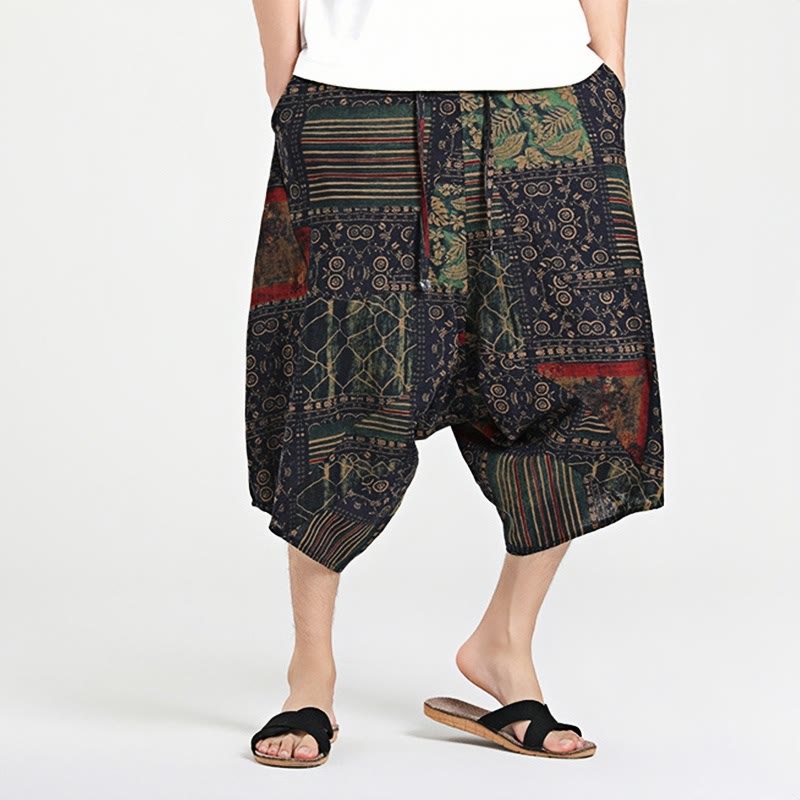 Pantaloni harem da uomo in cotone con tasche e coulisse, motivo etnico Buddha Stones, lunghezza 7-8