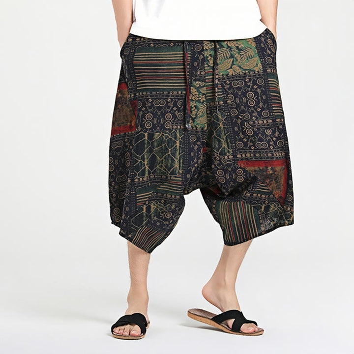 Pantaloni harem da uomo in cotone con tasche e coulisse, motivo etnico Buddha Stones, lunghezza 7-8