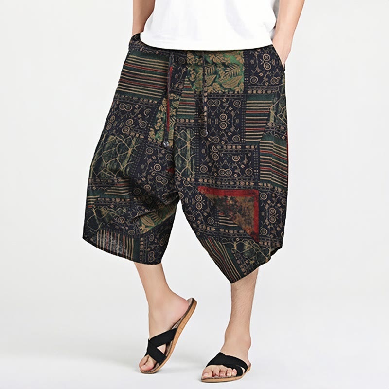 Pantaloni harem da uomo in cotone con tasche e coulisse, motivo etnico Buddha Stones, lunghezza 7-8 - Nero - US/UK/AU46, EU56 (5XL) - image 0