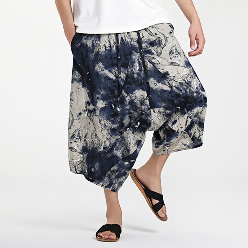 Pantaloni harem da uomo in cotone con tasche e coulisse, motivo etnico Buddha Stones, lunghezza 7-8
