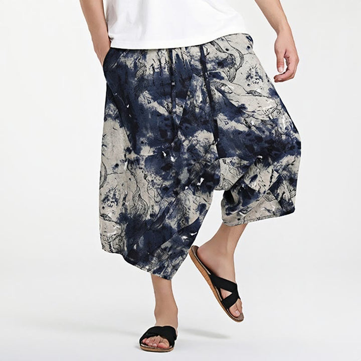 Pantaloni harem da uomo in cotone con tasche e coulisse, motivo etnico Buddha Stones, lunghezza 7-8