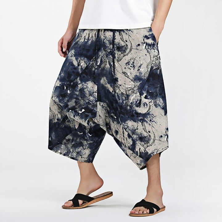 Pantaloni harem da uomo in cotone con tasche e coulisse, motivo etnico Buddha Stones, lunghezza 7-8