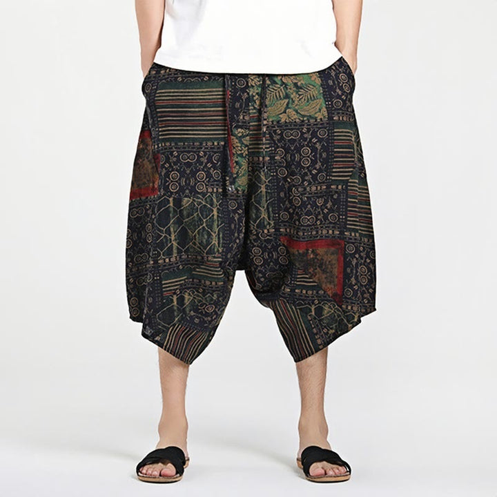 Pantaloni harem da uomo in cotone con tasche e coulisse, motivo etnico Buddha Stones, lunghezza 7-8