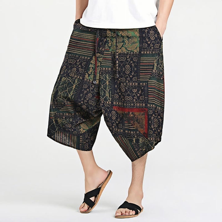 Pantaloni harem da uomo in cotone con tasche e coulisse, motivo etnico Buddha Stones, lunghezza 7-8