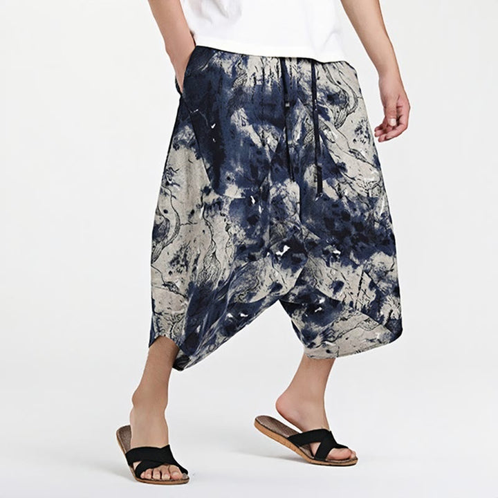 Pantaloni harem da uomo in cotone con tasche e coulisse, motivo etnico Buddha Stones, lunghezza 7-8