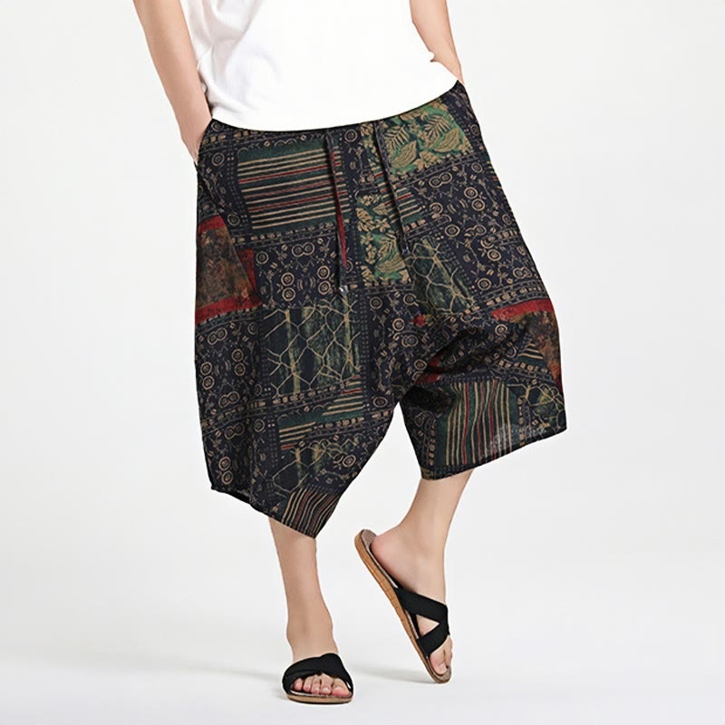 Pantaloni harem da uomo in cotone con tasche e coulisse, motivo etnico Buddha Stones, lunghezza 7-8