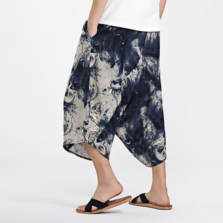 Pantaloni harem da uomo in cotone con tasche e coulisse, motivo etnico Buddha Stones, lunghezza 7-8