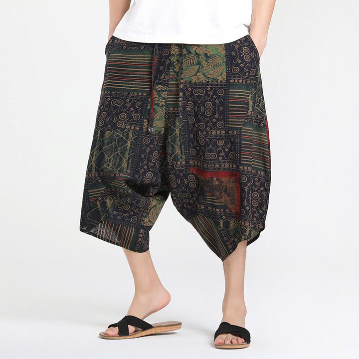 Pantaloni harem da uomo in cotone con tasche e coulisse, motivo etnico Buddha Stones, lunghezza 7-8