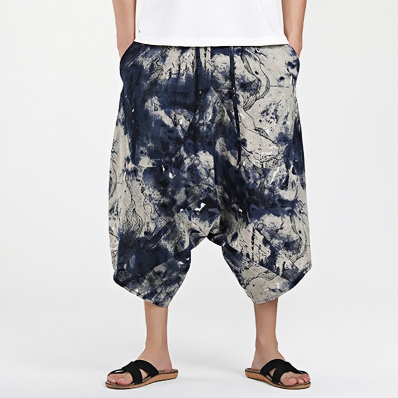 Pantaloni harem da uomo in cotone con tasche e coulisse, motivo etnico Buddha Stones, lunghezza 7-8