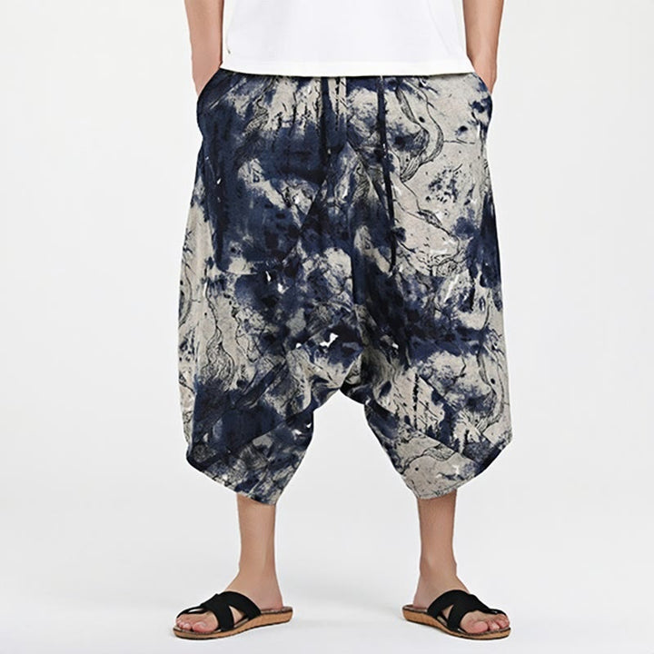 Pantaloni harem da uomo in cotone con tasche e coulisse, motivo etnico Buddha Stones, lunghezza 7-8
