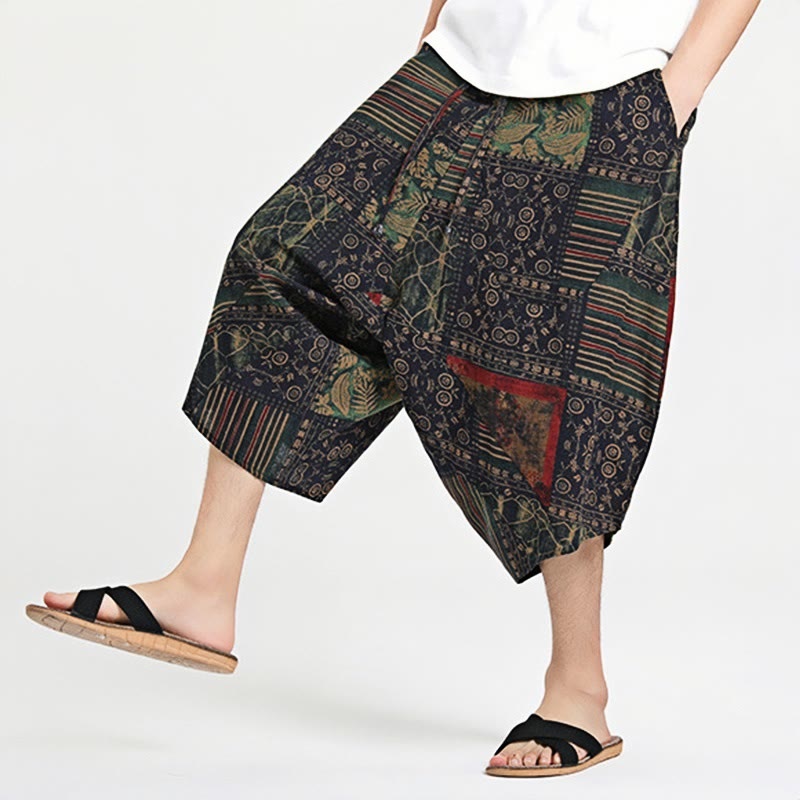 Pantaloni harem da uomo in cotone con tasche e coulisse, motivo etnico Buddha Stones, lunghezza 7-8