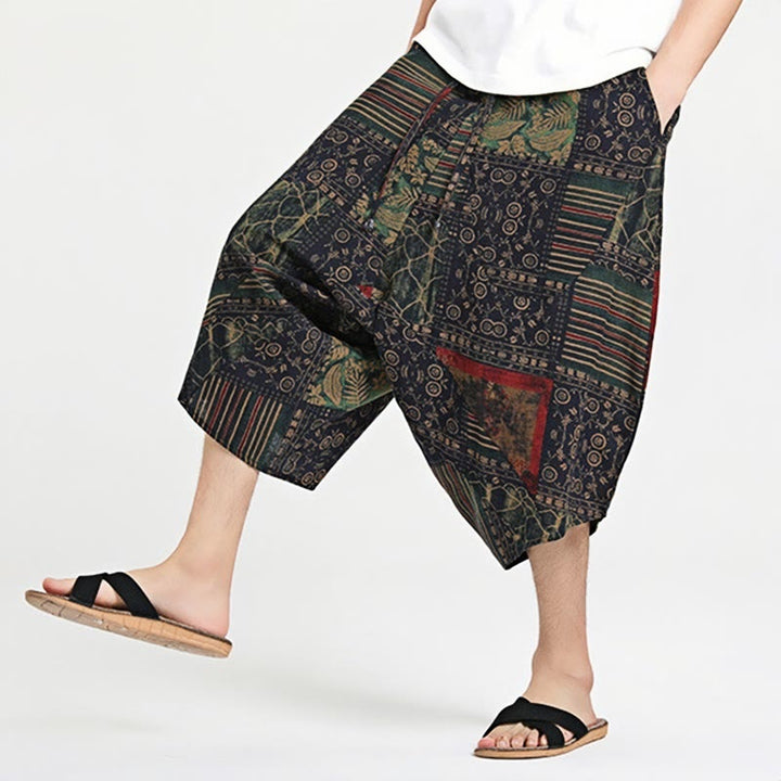 Pantaloni harem da uomo in cotone con tasche e coulisse, motivo etnico Buddha Stones, lunghezza 7-8