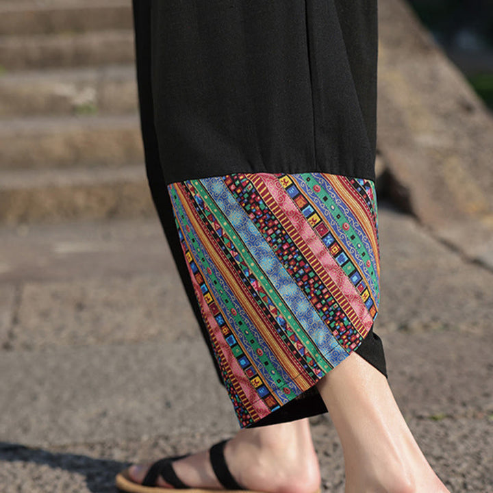 Pantaloni larghi da uomo in cotone con coulisse e tasche, motivo patchwork bohémien con Buddha Stones