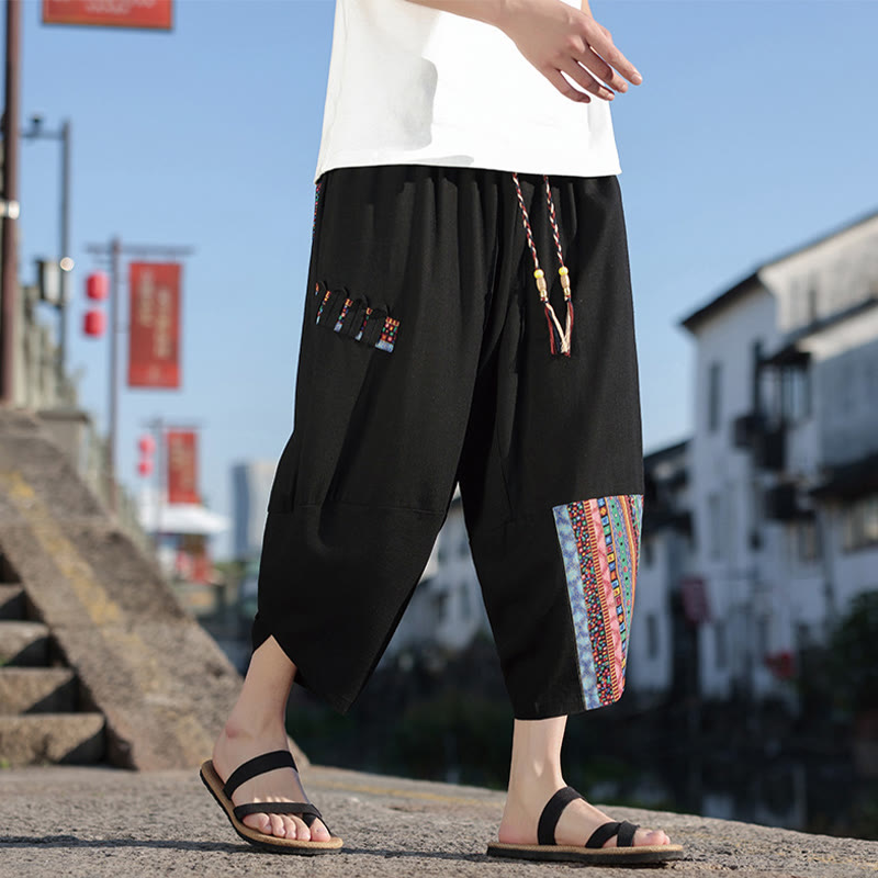 Pantaloni larghi da uomo in cotone con coulisse e tasche, motivo patchwork bohémien con Buddha Stones - image 7