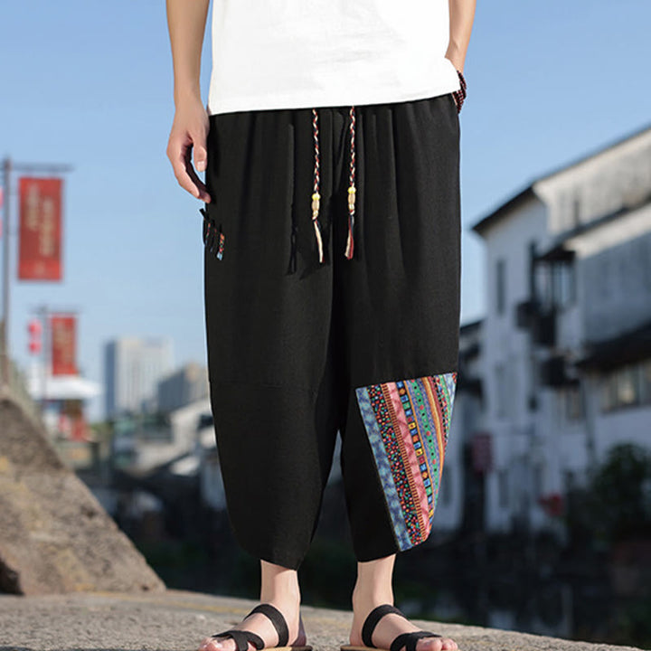 Pantaloni larghi da uomo in cotone con coulisse e tasche, motivo patchwork bohémien con Buddha Stones