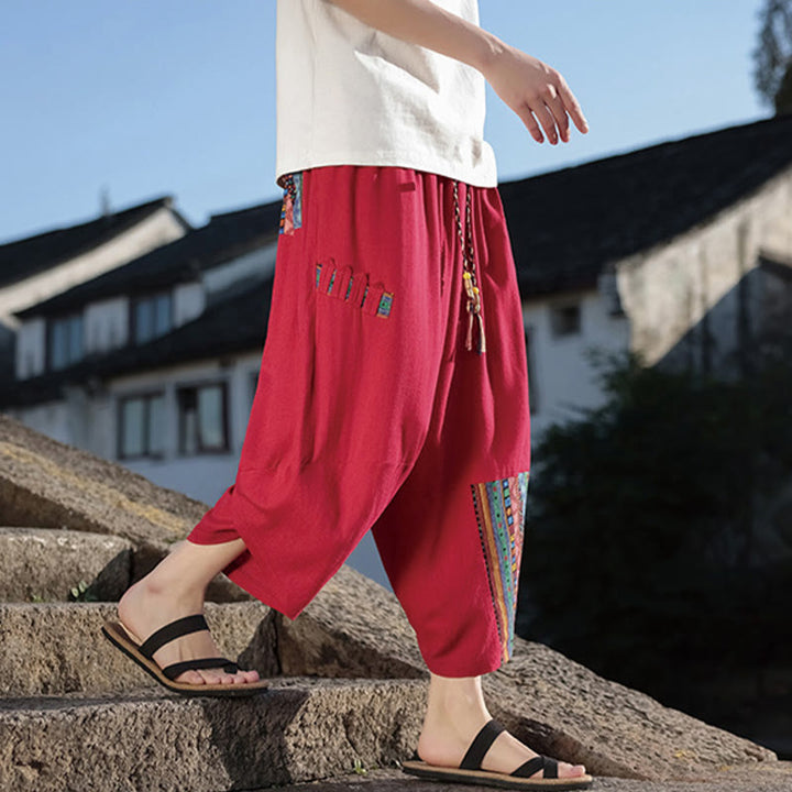 Pantaloni larghi da uomo in cotone con coulisse e tasche, motivo patchwork bohémien con Buddha Stones
