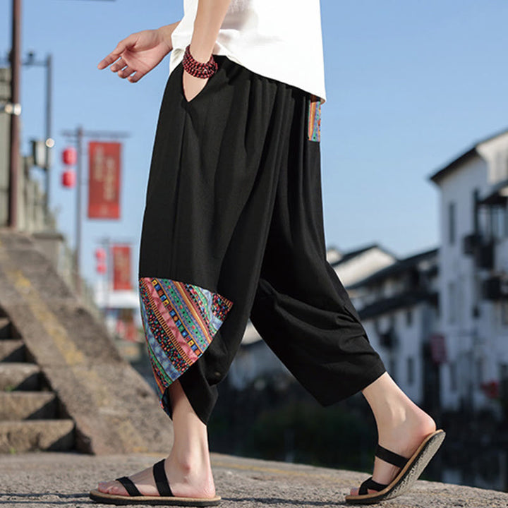 Pantaloni larghi da uomo in cotone con coulisse e tasche, motivo patchwork bohémien con Buddha Stones