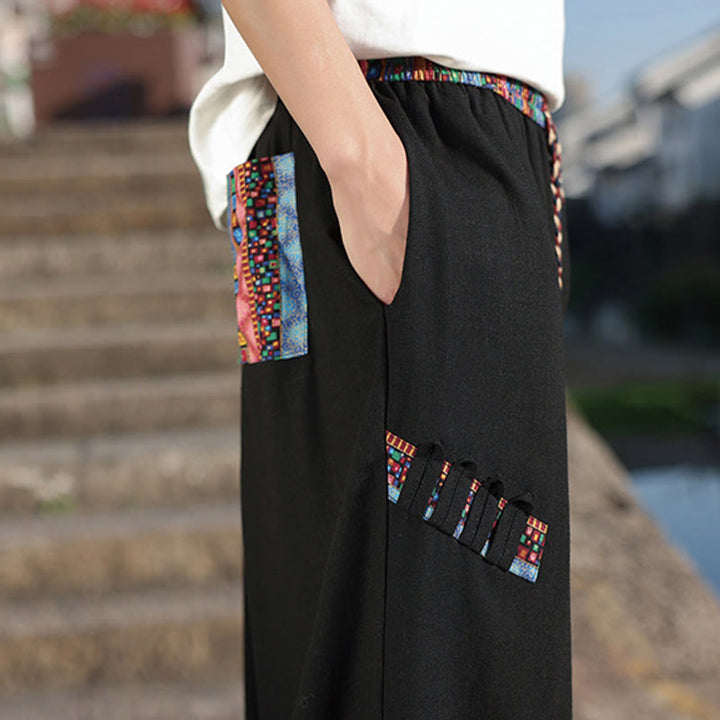 Pantaloni larghi da uomo in cotone con coulisse e tasche, motivo patchwork bohémien con Buddha Stones