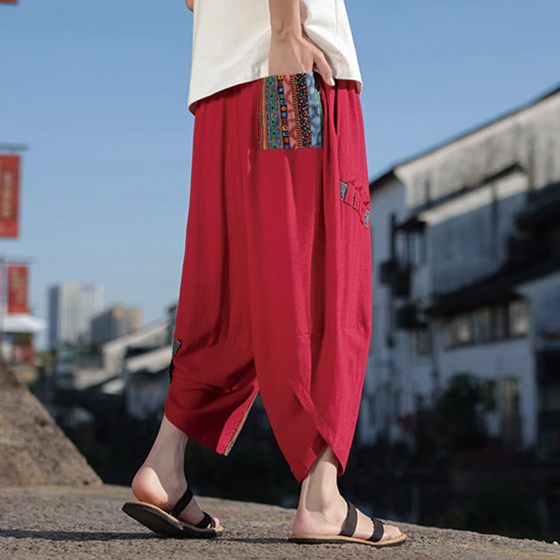 Pantaloni larghi da uomo in cotone con coulisse e tasche, motivo patchwork bohémien con Buddha Stones