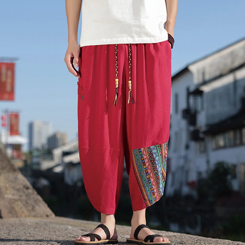 Pantaloni larghi da uomo in cotone con coulisse e tasche, motivo patchwork bohémien con Buddha Stones