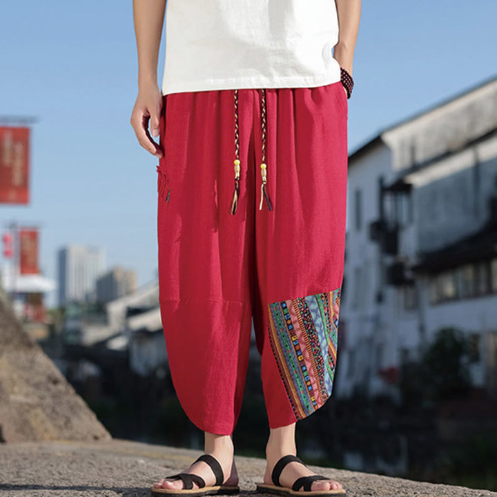 Pantaloni larghi da uomo in cotone con coulisse e tasche, motivo patchwork bohémien con Buddha Stones