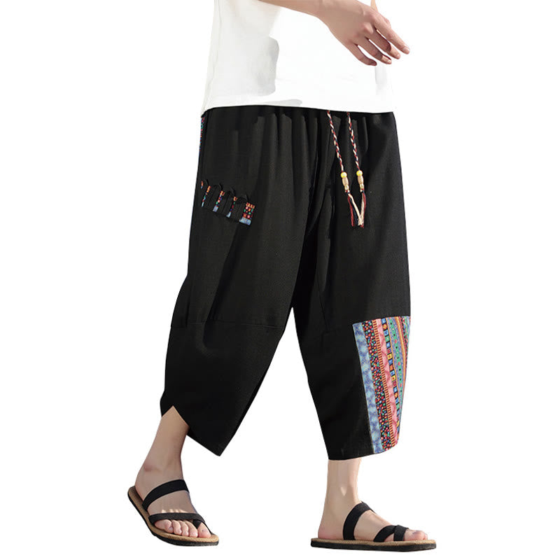 Pantaloni larghi da uomo in cotone con coulisse e tasche, motivo patchwork bohémien con Buddha Stones