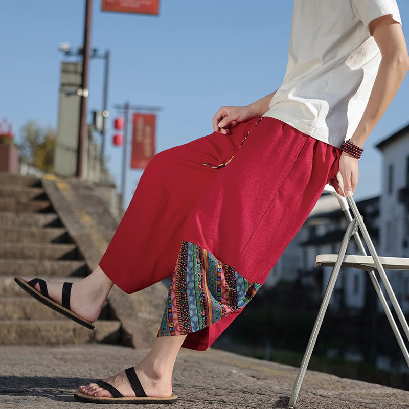 Pantaloni larghi da uomo in cotone con coulisse e tasche, motivo patchwork bohémien con Buddha Stones