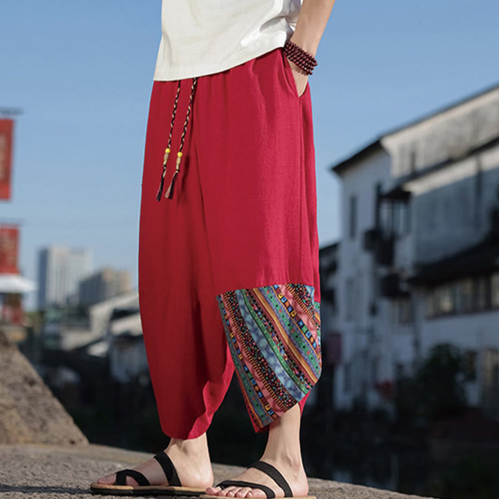 Pantaloni larghi da uomo in cotone con coulisse e tasche, motivo patchwork bohémien con Buddha Stones