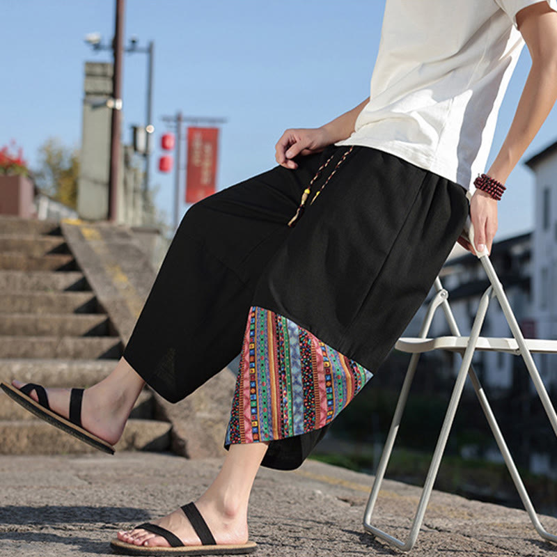 Pantaloni larghi da uomo in cotone con coulisse e tasche, motivo patchwork bohémien con Buddha Stones
